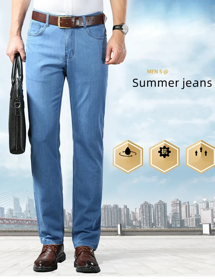 New Ice Silk Thin Denim Jeans For Men Blue Straight Stretch Cotton Pants Business Casual Lightweight Trousers Spring Summer.