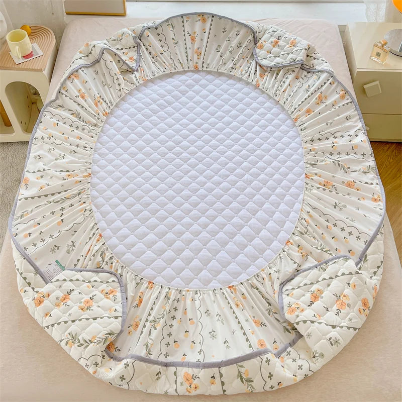 Floral Fitted Sheet Queen Size Bed Cover Thicken Bedsheet Quilted Mattress Protector tampa de colchão (Pillowcase Need Order).