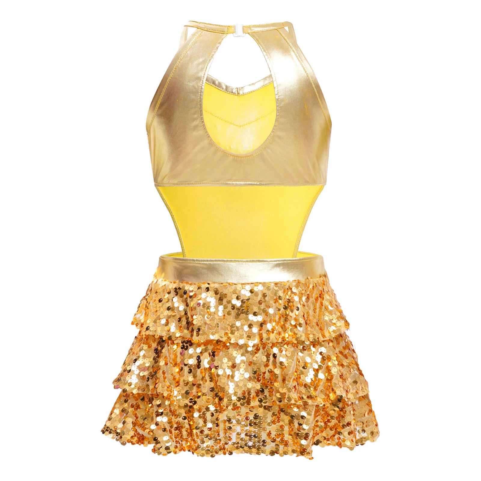 Kinder Mädchen Pailletten Jazz Ballett Tanzkleid Ärmellos Ausschnitt Tiered Rüschen Trikot Salsa Samba Rumba Skating Performance Kostüm.