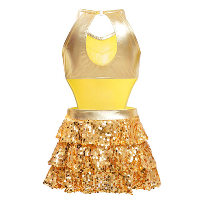Kinder Mädchen Pailletten Jazz Ballett Tanzkleid Ärmellos Ausschnitt Tiered Rüschen Trikot Salsa Samba Rumba Skating Performance Kostüm.