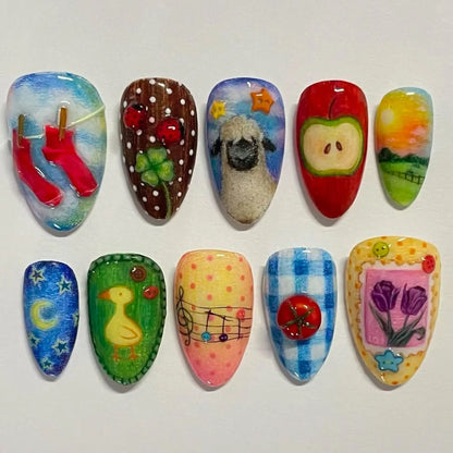 10pcs Dark Black Style Handmade Fake Nails Y2k Star Horor Foreat Designs Press On Nails Halloween Wearable Almond False Nail.