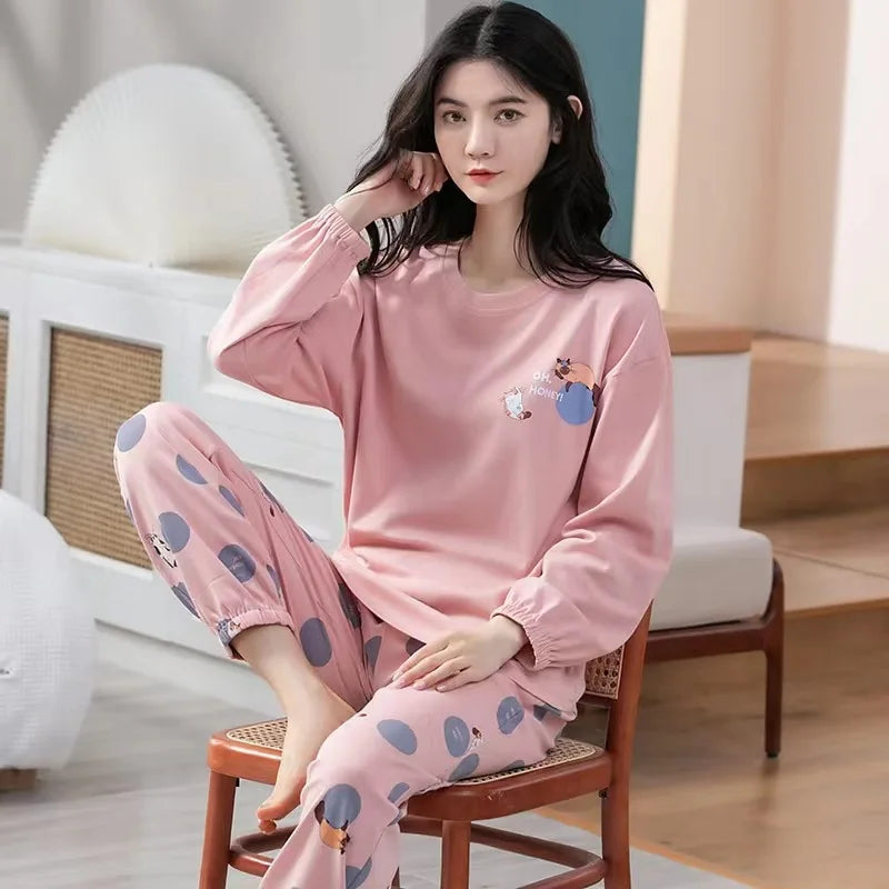 Gebündelte Füße Pyjama Frauen Frühling Herbst Langarm Terylen Baumwolle Frauen Herbst-Winter Plus-Size-Freizeit Herbst Home Wear Set.