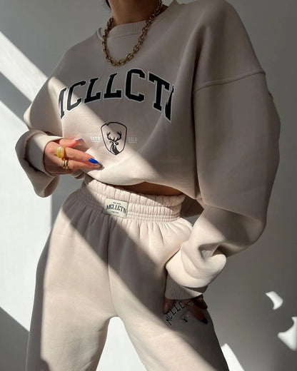 Warm Suit Autumn Winter Women Solid Set Elegant O-neck Pullover Hoodie And Pocket Trousers Two-Piece Set Lady Casual Loose Sets