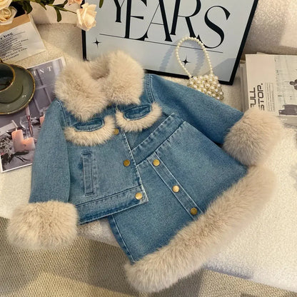Children's Sets Girls' Fleece-Lined Denim Set Korean Winter Jacket & Skirt 2-Piece Thickened Outfit for Toddlers.