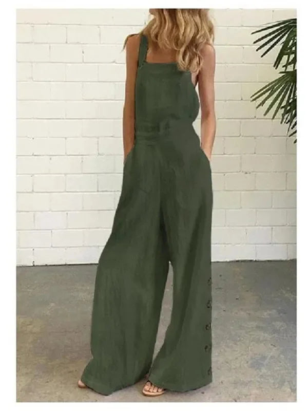 New 2021 Women's Solid Color Sleeveless Side Button Wide Leg Pocket Casual Jumpsuit Comfortable One-Piece Suiting Pants.