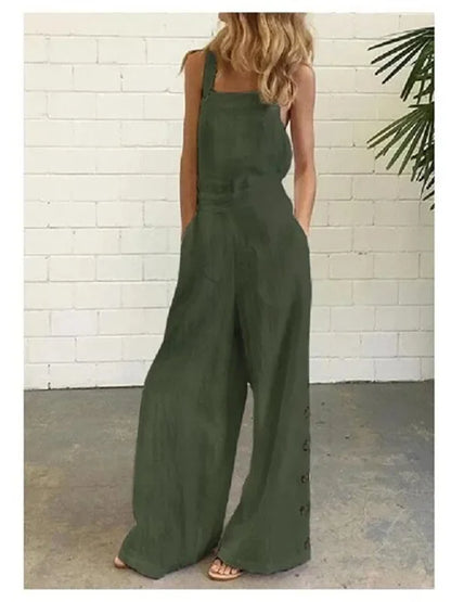New 2021 Women's Solid Color Sleeveless Side Button Wide Leg Pocket Casual Jumpsuit Comfortable One-Piece Suiting Pants.