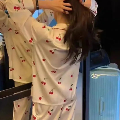 2023 frühling Herbst Neue Eis Seide 2 Stück Pyjamas für Frauen Mode Strickjacke frauen Pyjamas Süße Druck Loungewear Frauen set.