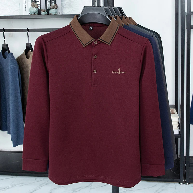 Men's Polo Shirt Long Sleeve Luxury Brand Autumn Winter Lapel Collar Button Business Casual Classic Office Warm T-shirt Menswear.