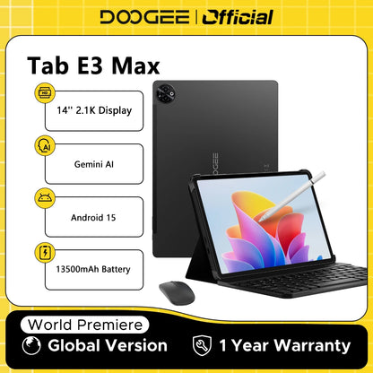 Global Version DOOGEE Tab E3 Max Tablet PC Android 15 Gemini AI 14'' 2.1K Screen 8GB RAM 256GB 13500mAh Large Battery Smart Pad.