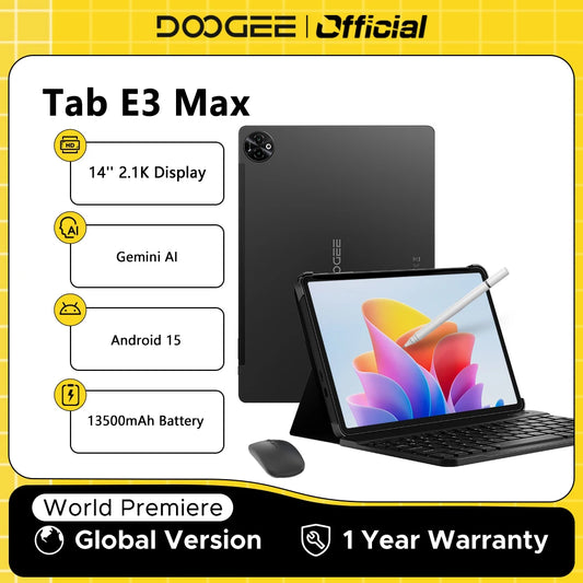 Global Version DOOGEE Tab E3 Max Tablet PC Android 15 Gemini AI 14'' 2.1K Screen 8GB RAM 256GB 13500mAh Large Battery Smart Pad.