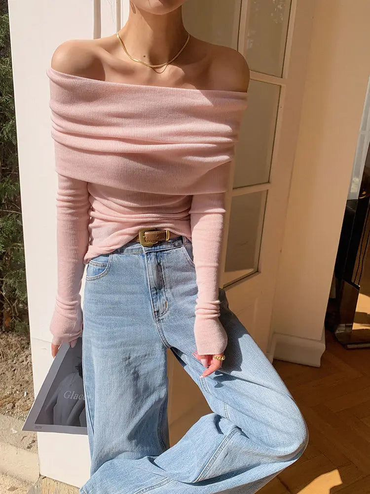 Slash Neck Pullover Frauen Tops Gestrickte Dünne Grundlegende Alle-spiel Sexy Elegante Off Schulter Herbst Winter Langarm Pullover weibliche.