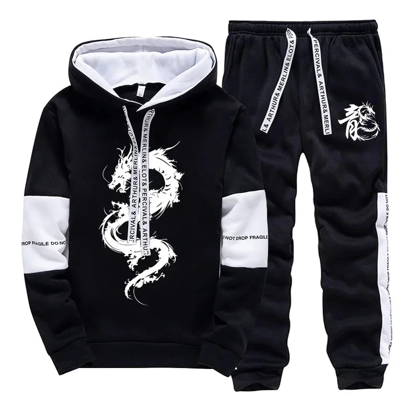 Men's Hooded Sweatshirt Sweatpants 2pcs Set Urban Casual Fashion Hoodie Outfits Dragon Printed Pullover Male Sporty Jogger Suit.