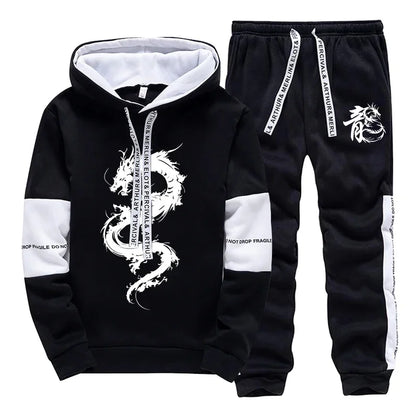 Men's Hooded Sweatshirt Sweatpants 2pcs Set Urban Casual Fashion Hoodie Outfits Dragon Printed Pullover Male Sporty Jogger Suit.