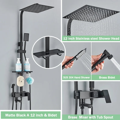 Rainfall Bathroom Shower Faucet Kit With Bidet Wall Mounted Stainless Steel Hot Cold Water Mixer Tap System With Rack,Tub Spout