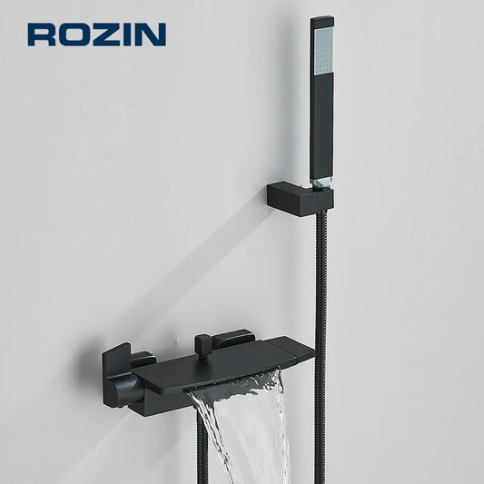 Black Waterfall Shower Faucet Bathroom Wall Mounted Bathtub Shower Faucets Dual Handles Hot Cold Water Mixer Tap with Handshower