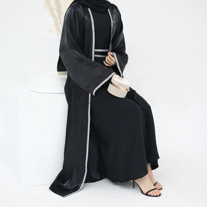 Muslim Abaya for Women Eid Dress 2 Piece Set Diamond Morocco Ramadan Lace-up Abayas Kaftan Islam Cardigan Dubai Arab Long Robe