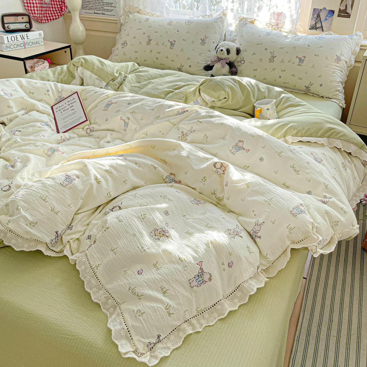 2025 new small fresh printing French lace lace double four-piece set bedding wrinkled yarn student three-piece set
