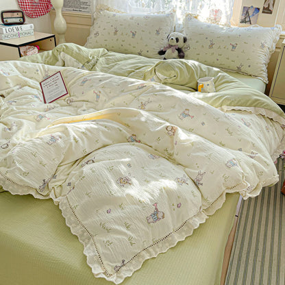 2025 new small fresh printing French lace lace double four-piece set bedding wrinkled yarn student three-piece set