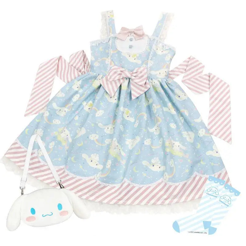 Anime My Melody Lolita Kleid Cinnamoroll Prinzessin Kleid Kuromi Süßer süßer Druck Schleife Spitze Party Trägerkleid Kawaii Academy Kleid.