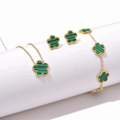 3Pcs Luxury Black Red Green White Plum Blossom Plant Five Leaf Flower Necklace Earrings Bracelet Jewelry Sets For Women.