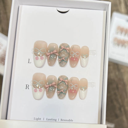 10pc Cat Eye Almond Handmade Press on Nails Light Blue Bow Fake Nails False Nails Artificial Nail Wearable Nail Tips Art Uñas.