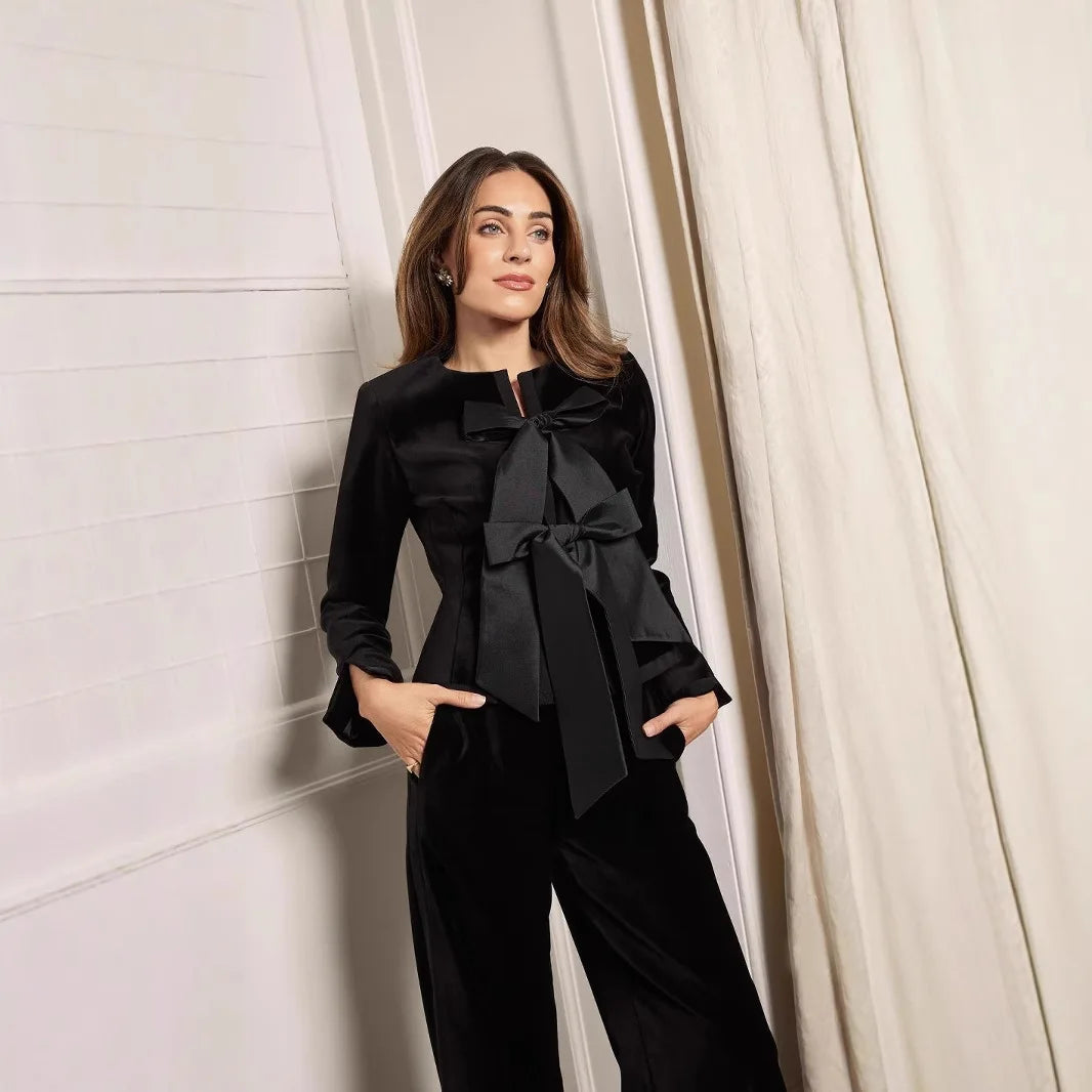 Muslim 2 Piece Set Women Cardigan Coat Wide Leg Pants Suit Bow Morocco Dubai Islam Casual Ensemble Femme Arabic Trousers Outfits.