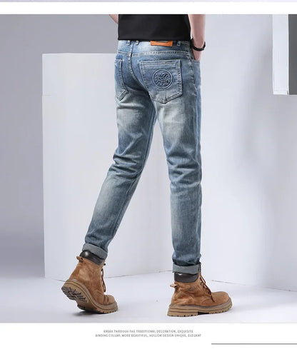 2024 Men's Fashionable Simple Stretch Slim Fit Denim Trousers European Style High Quality Casual Export Men Pants