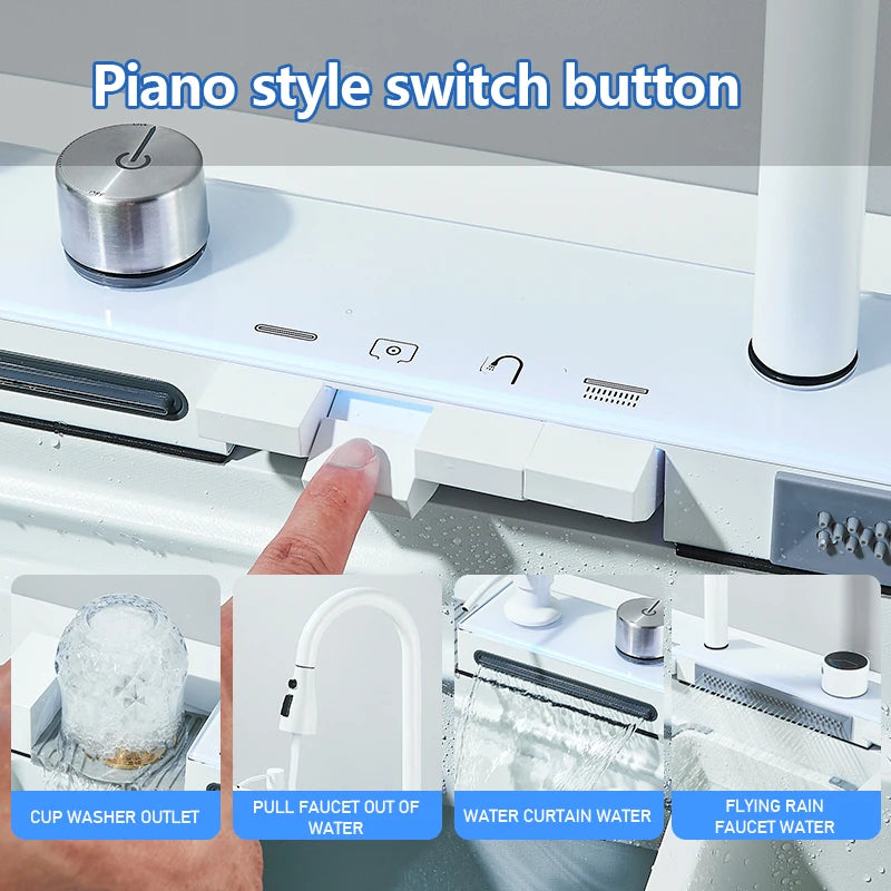 Multifunktionaler digitaler fliegender Regenhahn, weiß, doppelter Wasserfall, Edelstahl-Waschbecken, Küchenspüle, geprägt, großer Einzelschlitz