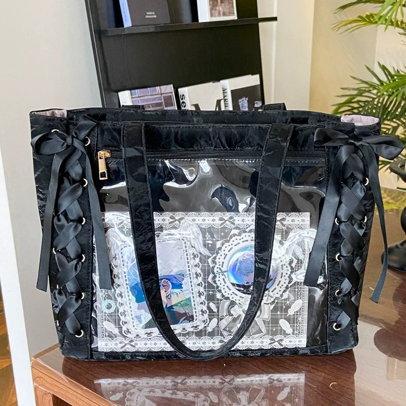 New Versatile Fashion Ribbon Itabag Large Capacity Green Large Food Anime Millet Bag Daily One Shoulder Tote Bag.