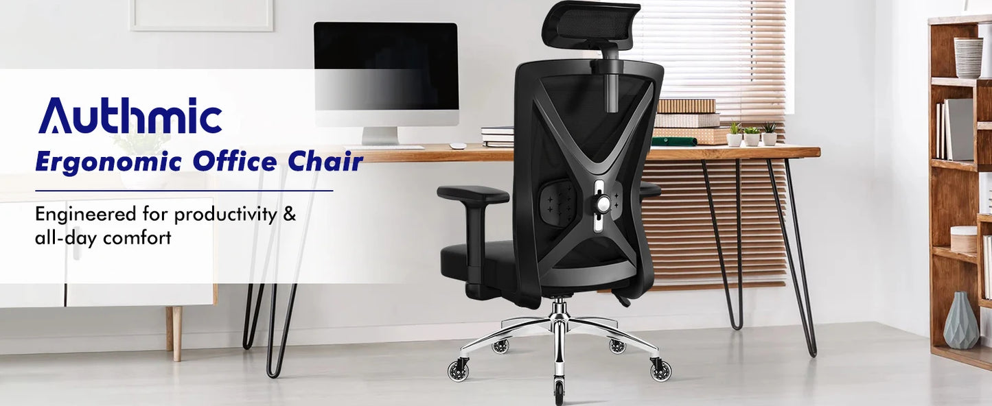 AUTHMIC Ergonomischer Bürostuhl, verstellbare Netzrückenlehne, Lordosenstütze, drehbarer Computer-Schreibtischstuhl für Zuhause, Büro, Arbeit, Gaming