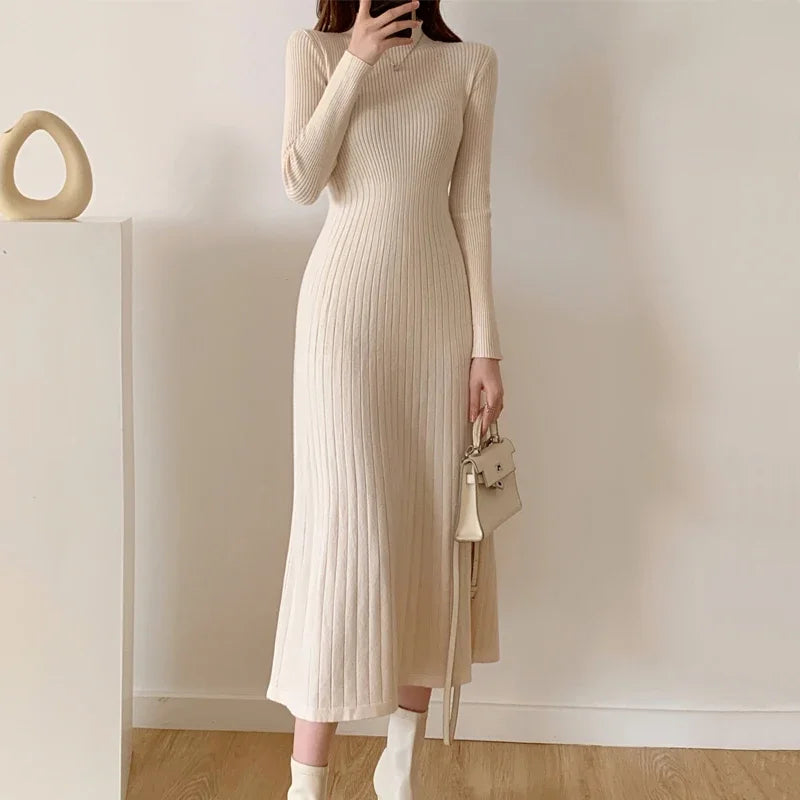 Herbst Winter schlankes Langarm Party Midi Kleid für Frauen gestrickt halbhohen Kragen elegante Strick pullover Kleider Damen.