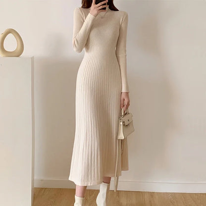 Herbst Winter schlankes Langarm Party Midi Kleid für Frauen gestrickt halbhohen Kragen elegante Strick pullover Kleider Damen.