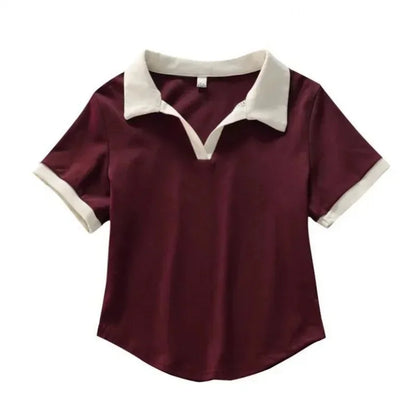 Slim Fit Short Sleeve V-Neck POLO Shirt T-Shirt Korean Design Summer Fashionable Top Half Sleeve Summer Wear Women's Fashion.