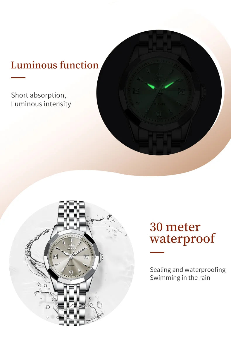 OLEVS Elegant Fashion Ladies Watches 9998 Original Quartz Women's Watches Waterproof Stainless Steel Luminous Date Wristwatch.