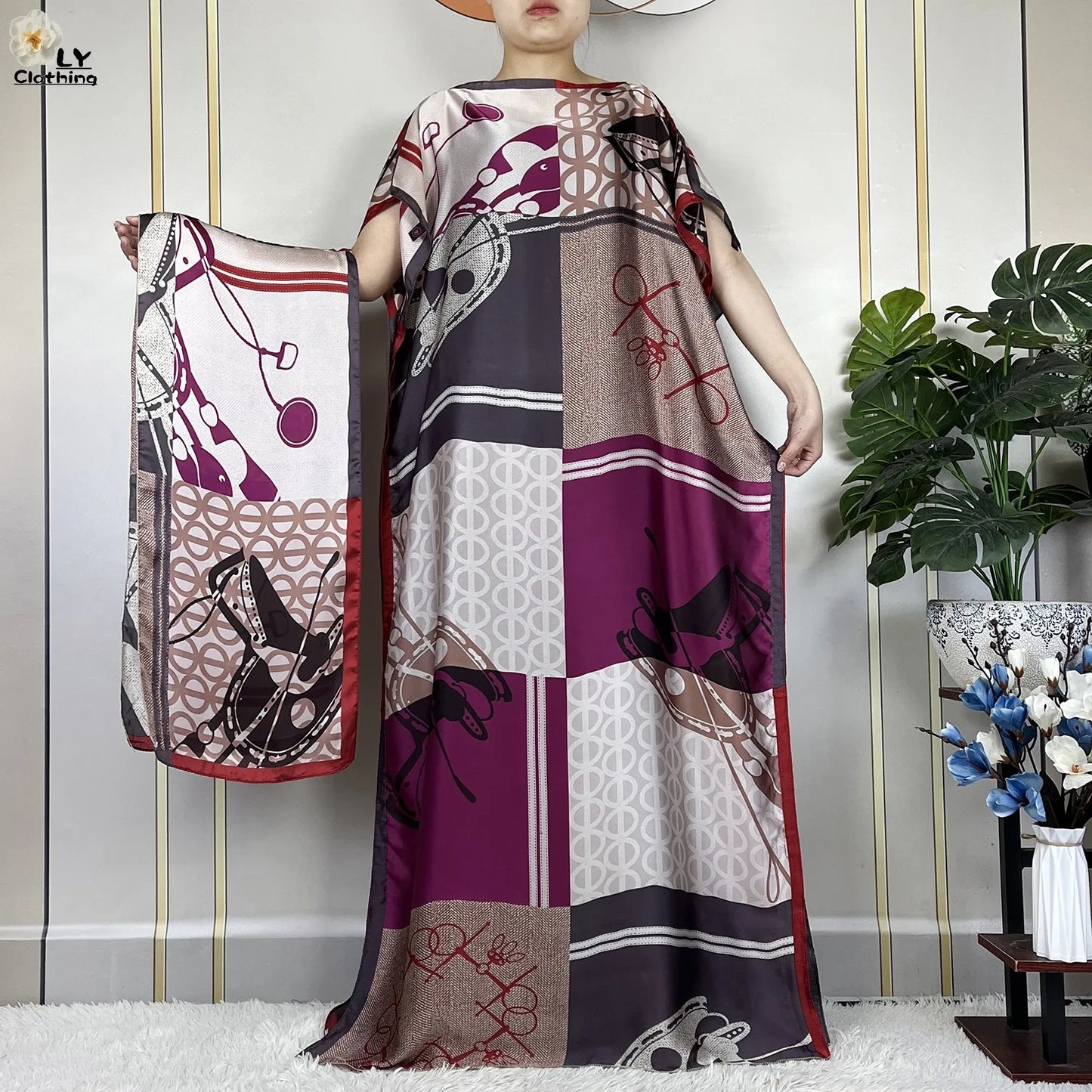 2024 New Dubai Summer Fashion For Women Printed Silk Soft Loose Femme Robe African Islam Maxi Woman Casual Dresses With Turban