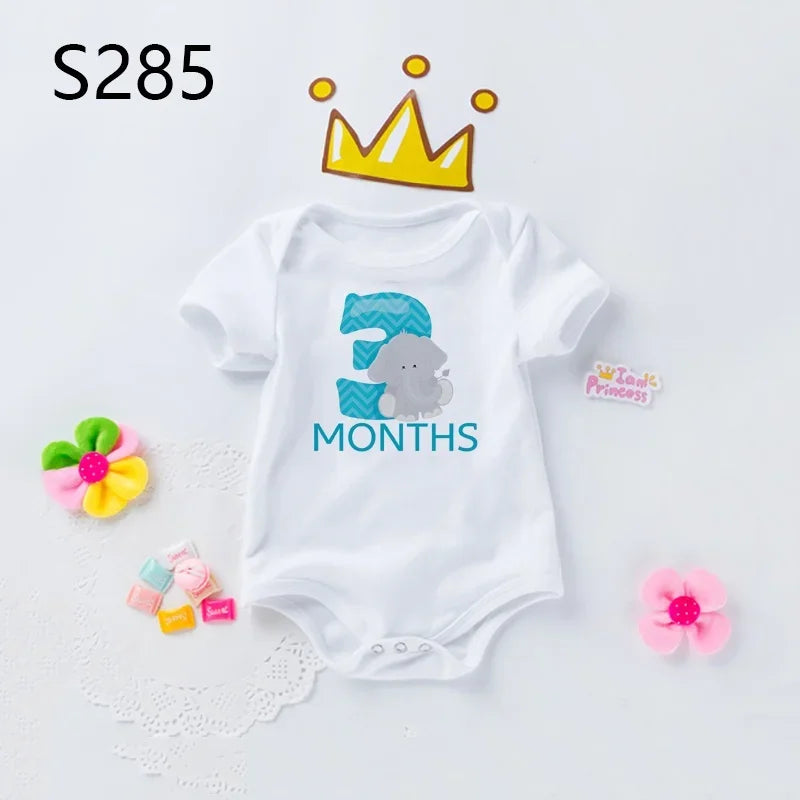 Monatlicher Meilenstein-Baby-Body, niedliches Tier, 1–12 Monate, Einteiler, Babyparty, Geschenk, Monatsbilder, monatliche Overall-Kleidung.
