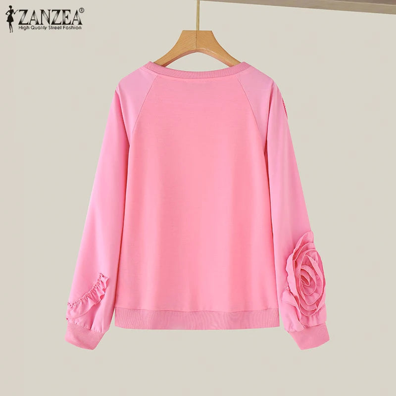 ZANZEA Plus Größe Frauen Solide Sweatshirts Herbst Rüschen Nähte Tops Vintage Oansatz Lässige Mode Lange Puff Sleeve Pullover.