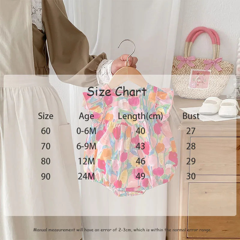 MILANCEL 2025, Sommerkleidung für Babys, Mädchen, Rüschenärmel, Kleinkind-Mädchen-Bodys, Tulpenmuster, Einteiler für Kleinkinder.