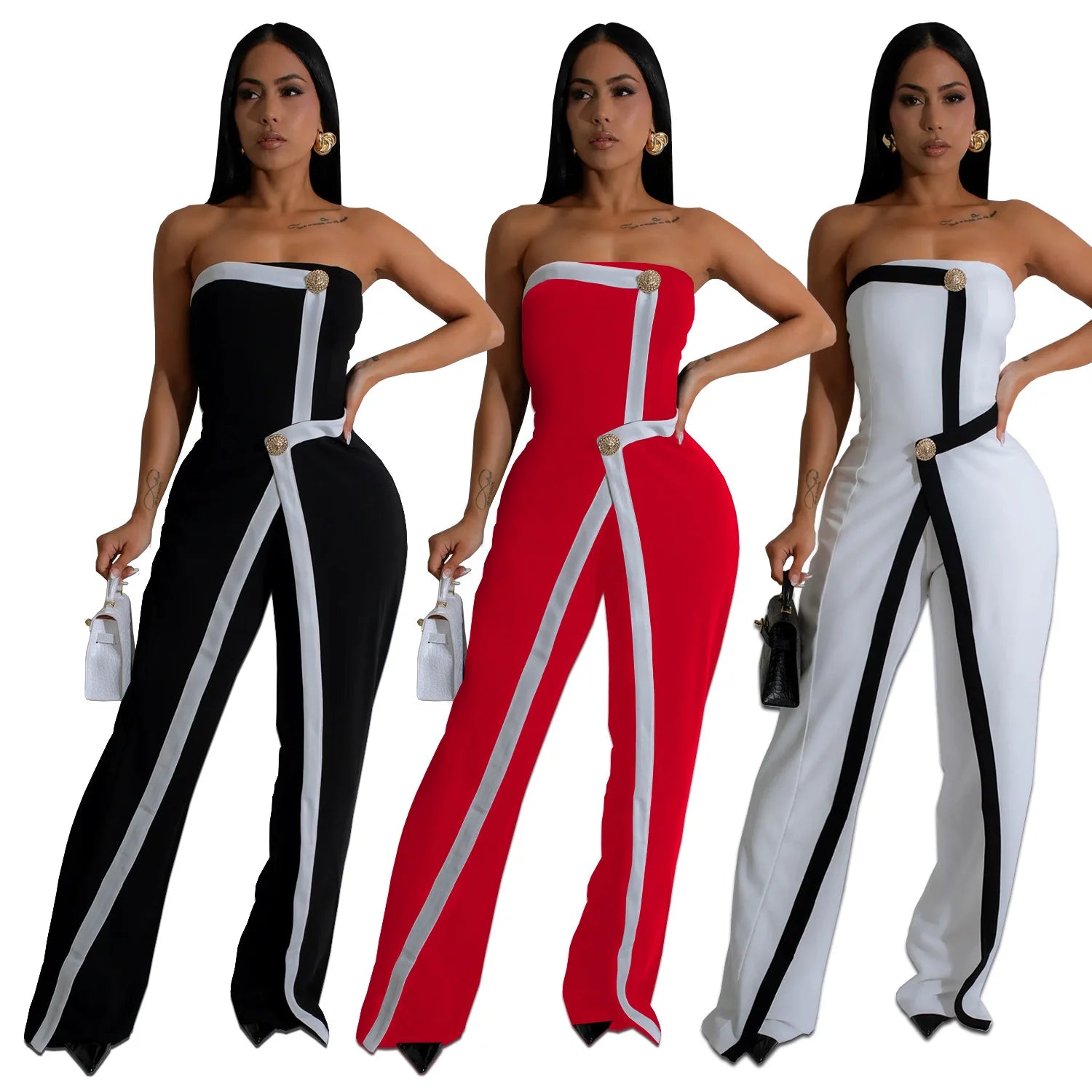 Elegant Sleeveless Wrap Chest Women's Button Strapless Irregular Jumpsuits 2025 One PieceWide Leg Outfits Night Club Streetwear.