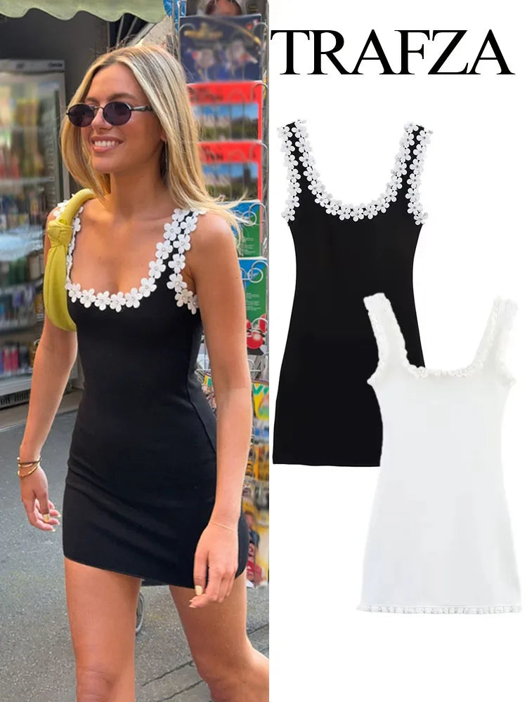 TRAFZA Weibliches Sommer-Sexy-dünnes Kleid, 2-farbig, fester quadratischer Kragen, ärmellos, rückenfrei, Blumendekoration, Damenmode-Kleider.