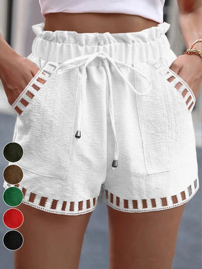 Summer Cotton Linen Shorts for Women Fashion Splice High Waist Drawstring Loose Casual Short Pants Ladies Hollow Pocket Shorts.