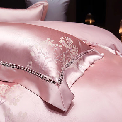 Luxury Satin Jacquard  Cotton Bedding Set Gold Leaves Egyptian Cotton Smooth Duvet Cover Set Flat/Fitted Sheet Pillowcases