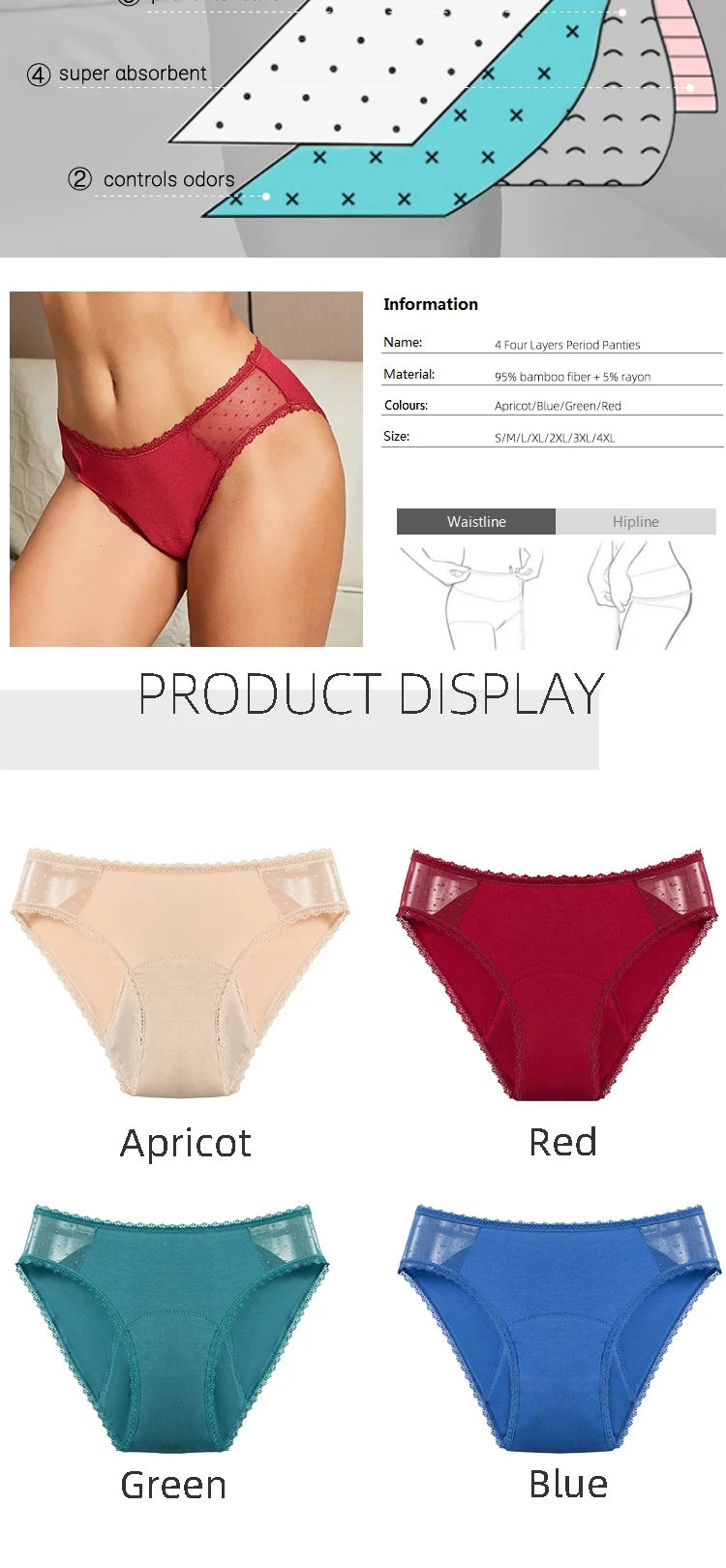 2pcs plus size Menstrual Panties 4 Layers Leak-proof Physiological Period Underwear Briefs Breathable Pants For Women.