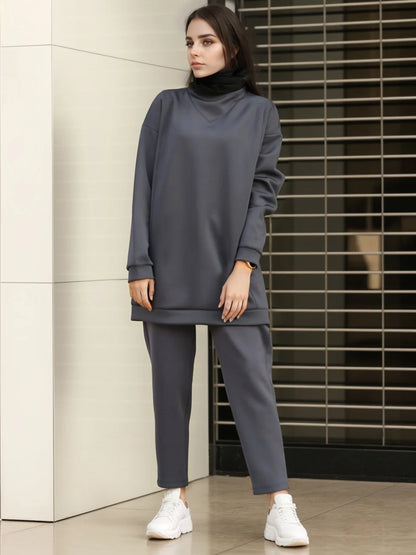 Spring Autumn Women Muslim Sets Long Tops and Pants Turkey Outfit 2 Pieces Set Adult Eid Al-Adha Casual Young Girls Sport Set.