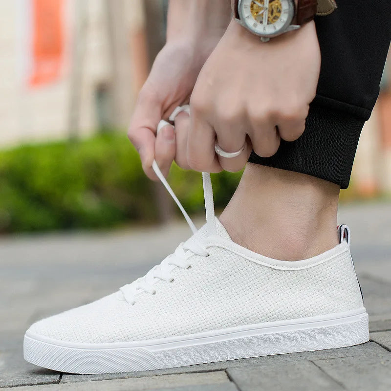 Men's Canvas Shoes Summer Breathable Lightweight Korean Style Shallow Mouth Loafers Non-slip Casual Lace Up Walking Sneakers.