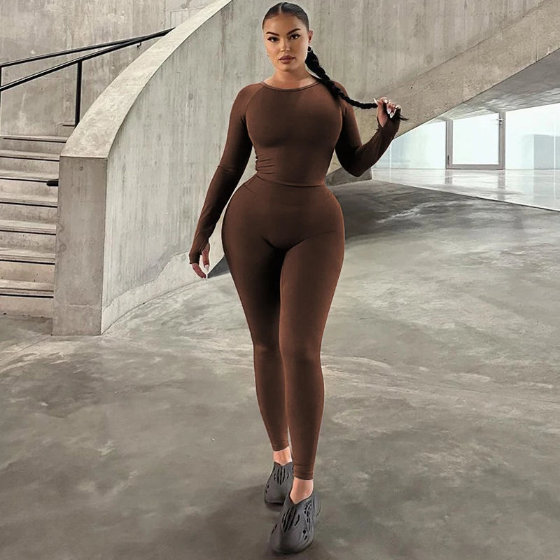 Hugcitar Pure Color Long Sleeve Crop T-Shirt Legging 2 Piece Matching Sets 2024 Spring Women Fashion Streetwear Sports Tracksuit