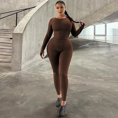 Hugcitar Pure Color Long Sleeve Crop T-Shirt Legging 2 Piece Matching Sets 2024 Spring Women Fashion Streetwear Sports Tracksuit