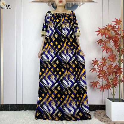 New Muslim Dress Woman Short Sleeve Dashiki African Abaya Tie-dyed Printing Cotton Loose Femme Robe Islamic Dresses With Scarf.