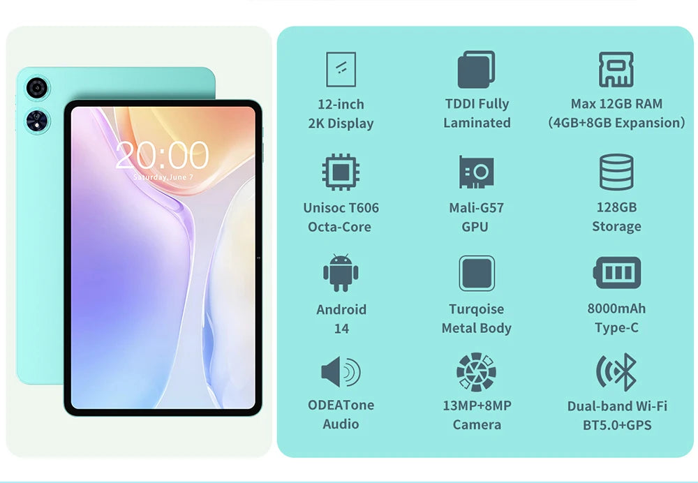 Odea A12 Android 14 Tablet, T606 8-core, 4GB+8GB RAM 128GB ROM, 12 inch 2000x1200 Display, 8000mAh, Widevine L1, 13MP Camera.