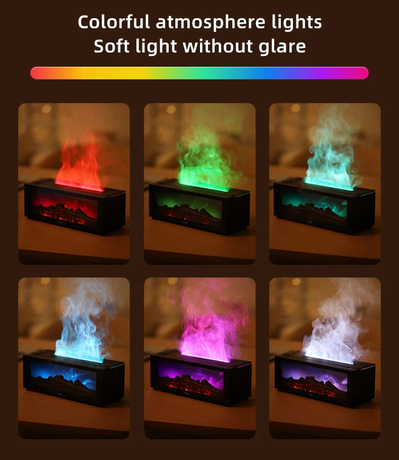 Colorful Flame Fireplace Aroma Diffuser 150ml Waterless Auto-Off Air Humidifier with Timer Remote Control for Home Bedroom Gift.
